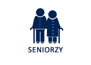 Piktogram przedstawiający parę seniorów o lasce z podpisem SENIORZY