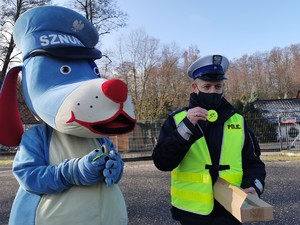 Widoczni policjanci i uczestnicy działań podczas kontroli autokarów przy autostradzie DK 81 w Ochabach Małych (zjazd na Wiślicę)