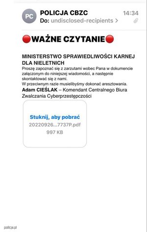 zdjęcie wiadomości, w której oszuści  podpisują się jako Komendant Centralnego Biura Zwalczania Cyberprzestępczości – Adam Cieślak