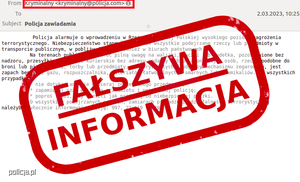 Zdjęcie przedstawia fałszywą wiadomość email wysłaną rzekomo przez Policję.