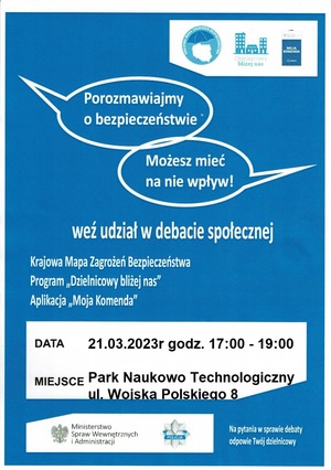 Zdjęcie przedstawia plakat promujący debatę społeczną, która odbędzie się w dniu 21 marca 2023 roku.
