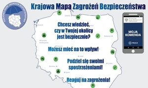 Zdjęcie przedstawia aplikację Krajowa Mapa Zagrożeń Bezpieczeństwa oraz aplikację Moja Komenda.