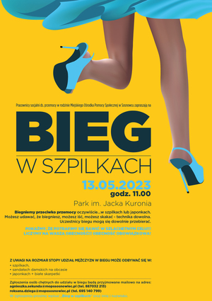 Zdjęcie przedstawia plakat promujący bieg w szpilkach.