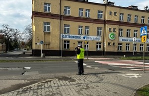 Zdjęcie przedstawia umundurowanego policjanta z Wydziału Ruchu Drogowego przy przejściu dla pieszych.