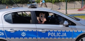 Zdjęcie przedstawia maskotkę siedzącą w radiowozie policyjnym.