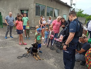 Zdjęcie przedstawia uczestników festynu oraz umundurowanego policjanta z psem służbowym.