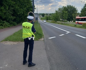 Zdjęcie przedstawia umundurowanego policjanta na drodze.