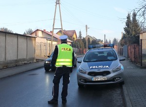 Zdjęcie przedstawia umundurowanego policjanta stojącego przy drodze obok oznakowanego radiowozu policyjnego.