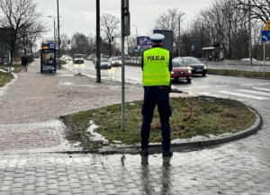 Zdjęcie przedstawia umundurowanego policjanta na skrzyżowaniu.