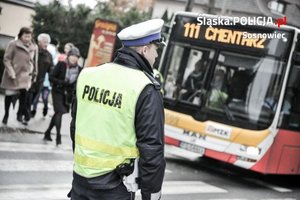 Zdjęcie przedstawia umundurowanego policjanta na jezdni. W tle autobus.