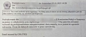 Zdjęcie przedstawia treść podziękowania: &quot;Podziękowanie dla z II Komisariatu Policji w Sosnowcu za pomoc w odnalezieniu syna zaginionego. Obaj panowie policjanci wykazali się profesjonalizmem zaangażowaniem i dużą empatią, za co jestem im ogromnie wdzięczna. Życzę im dalszych sukcesów w pracy zawodowej.&quot;