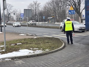 Zdjęcie przedstawia umundurowanego policjanta stojącego przy przejściu dla pieszych.