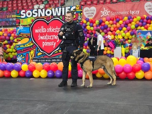 Zdjęcie przedstawia umundurowanego przewodnika z psem służbowym. W tle napis WOŚP oraz różnokolorowe balony.