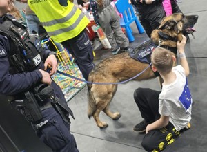 Zdjęcie przedstawia chłopca głaszczącego psa służbowego.