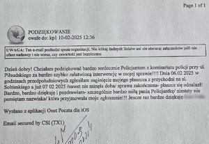 Zdjęcie przedstawia treść wiadomości: &quot;Dzień dobry! Chciałam podziękować bardzo serdecznie Policjantom z komisariatu policji przy ul. Piłsudskiego za bardzo szybko załatwioną interwencję w mojej sprawie!!! Dnia 06.02.2025 w godzinach przedpołudniowych zgłosiłam zaginięcie mojego płaszcza z przychodni na ul. Sobieskiego a już 07 02 2025/nawet nie minęła doba/ sprawa zakończona – płaszcz się odnalazł! Bardzo, bardzo dziękuję i pozdrawiam – szczególnie bardzo miłą panią Policjantkę /niestety nie pamiętam nazwiska/ która przyjmowała moje zgłoszenie!!! Jeszcze raz bardzo dziękuję&quot;