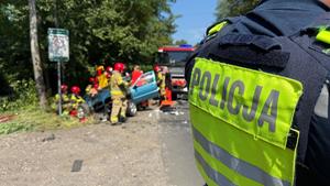 Zdjęcie przedstawia umundurowanego policjanta oraz służby ratownicze na miejscu zdarzenia drogowego.
