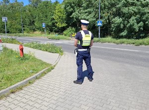 Zdjęcie przedstawia umundurowanego policjanta z wydziału ruchu drogowego podczas czynności. W tle przejście dla pieszych.