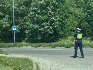 Zdjęcie przedstawia umundurowanego policjanta podczas czynności służbowych.