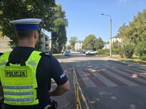 Zdjęcie przedstawia umundurowanego policjanta w rejonie przejścia dla pieszych.