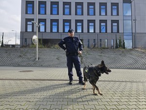 Zdjęcie przedstawia przewodnika psa służbowego oraz psa Latana.