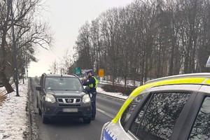 Zdjęcie przedstawia umundurowanego policjanta podczas czynności służbowych.