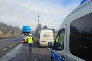 Zdjęcie przedstawia oznakowany radiowóz oraz pojazd Inspekcji Transportu Drogowego podczas działań.