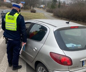 Zdjęcie przedstawia umundurowanego policjanta podczas czynności.