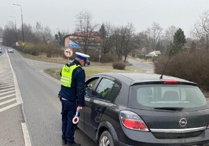 Zdjęcie przedstawia umundurowanego policjanta podczas czynności.