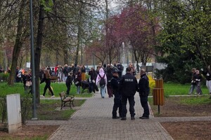 Policjanci oraz uczestnicy wydarzenia w parku.