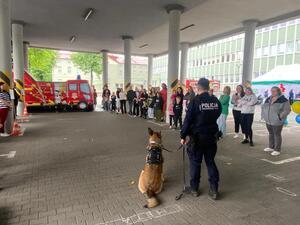 Zdjęcie przedstawia umundurowanego policjanta wraz z psem służbowym oraz grupę ludzi