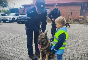 Dziecko w kamizelce odblaskowej głaszczące psa.